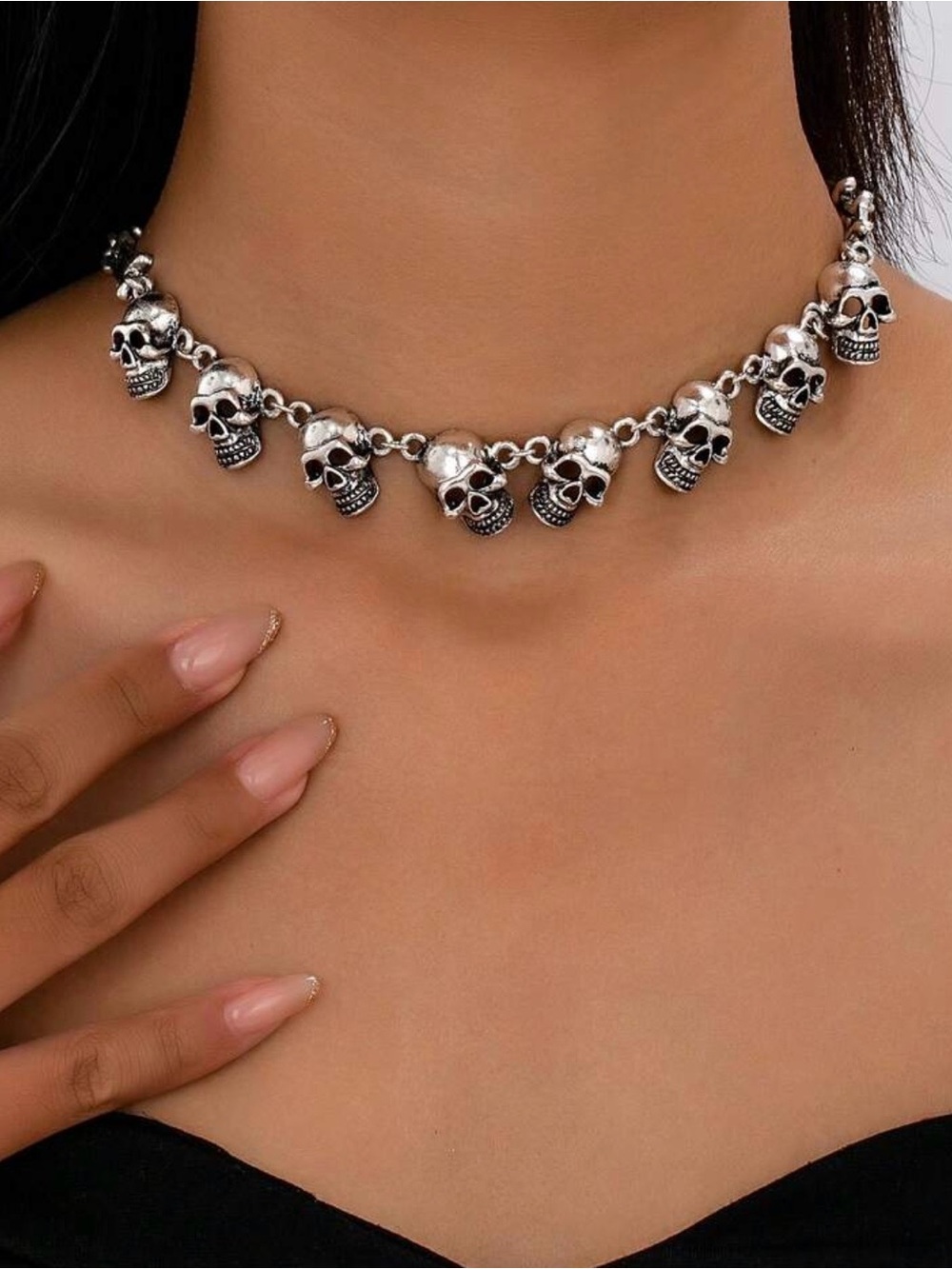 Gothic Skull Charm Choker Necklace Silver Tone Punk Grunge Statement Jewelry